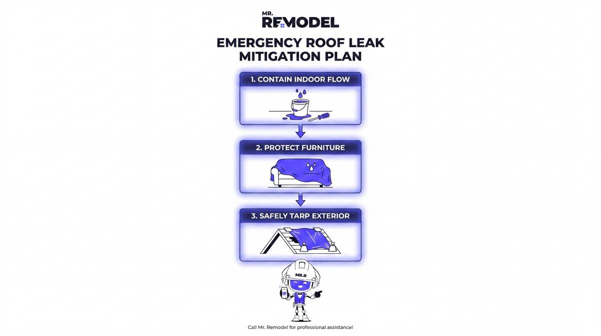 A three-step infographic showing emergency actions for a roof leak: containing interior water, protecting indoor items, and safely tarping the exterior roof damage.